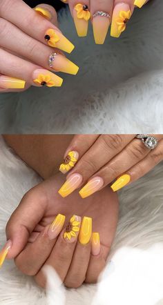 Ombre Nails With Sunflower, Yellow Ombre Nails, Acrylic Nails Yellow, Cowboy Nails, Sunflower Nail Art, Yellow Nails Design, Sunflower Nails, Yellow Ombre, Vibrant Nails