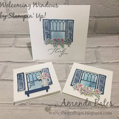 three cards with the words, welcome windows by stampin'up