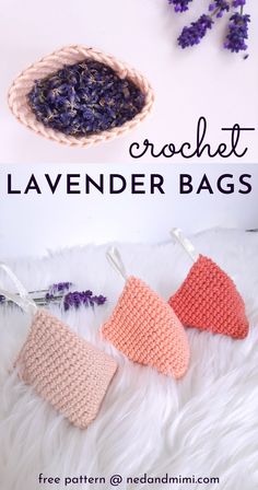 three crochet lavender bags on a white furnish