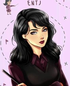 a drawing of a woman with long black hair holding a wand and pointing to the side