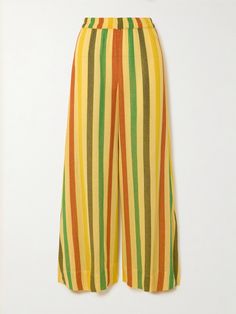 The vibrant stripes that decorate Suzie Kondi's 'Elira' pants are inspired by summer sunsets. Modeled on '70s palazzo styles, they're made from airy cotton-gauze with breezy wide legs and a comfortable elasticated waist. You'll find the matching shirt in our edit, too. Green Bottoms With Vertical Stripes For Summer, Green Vertical Stripes Bottoms For Summer, Beach Wide Leg Bottoms With Vertical Stripes, Summer Vertical Striped Pants, Summer Pants With Vertical Stripes, Beach Bottoms With Vertical Stripes And Wide Leg, Summer Beach Pants With Vertical Stripes, Beach Pants With Vertical Stripes And Wide Leg, Summer Vacation Pants With Vertical Stripes