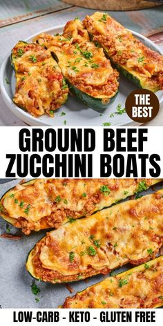 the best ground beef zucchini boats are on display in this advertisement for low carb keto - gluten free