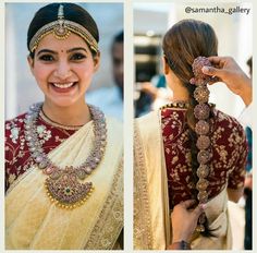 a woman wearing a red and white sari with gold jewelry on her neck is smiling at the camera