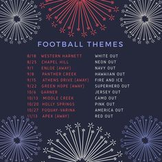 a poster with the words football themes written in red, white and blue on it