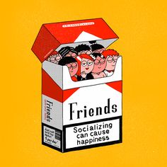 a box of friends sitting on top of a yellow background with the caption, socializing can cause happiness