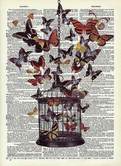 butterflies flying out of a cage on an old book page