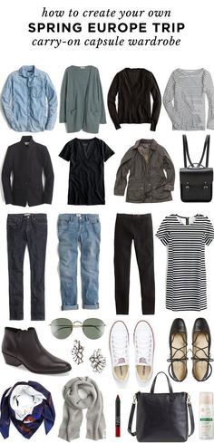 a bunch of clothes and accessories are arranged in the shape of a collage with text that reads how to create your own spring europe trip carry - on capsule wardrobe