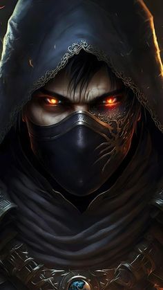 an image of a man wearing a mask and hood with glowing eyes in front of him