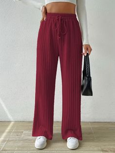 Korean Fashion Trends, Textured Knit, Outfit Casual, Custom Dresses, Everyday Wardrobe, Wide Leg Trousers