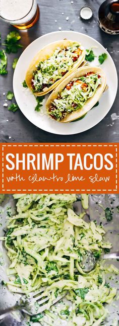 shrimp tacos with guacamole and lime slaw on a white plate