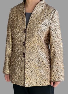 Womens Jacket with Handmade Frog Knot Closures, Borwon & Gold Feather Brocade Jacket , Mother of the Bride Wear Brocade Coat, Brocade Jacket, Gold Brocade, Gold Feathers, Brocade Fabric, Bride Wear, Brown Gold, Green And Gold, Orange Black