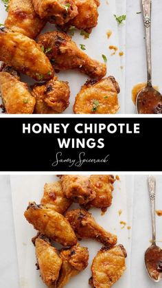 honey chipotle wings on a plate with spoons