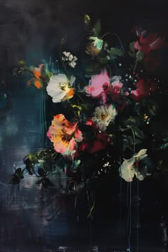 an oil painting of flowers in a vase on a black background with white and red colors