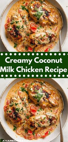 creamy coconut milk chicken recipe in a skillet on a white plate with a spoon