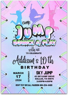 the jump dance party flyer is shown in pink, blue and green colors with an image of dancers on it