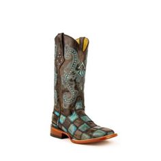 Ferrini Women's Patchwork S-Toe Western Cowboy Boots, 8139350 Teal Heels, Patchwork Boots, Western Style Boots, Square Toe Boots, Western Boots Women, Western Cowboy Boots, Patchwork Designs, Distressed Leather, Western Cowboy