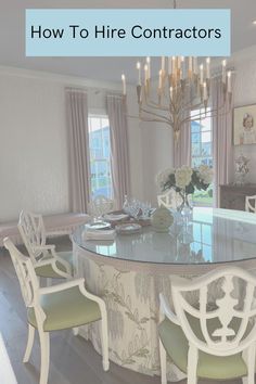 an elegant dining room with chandelier, chairs and rugs on the floor