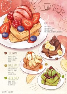 a drawing of different types of desserts on plates