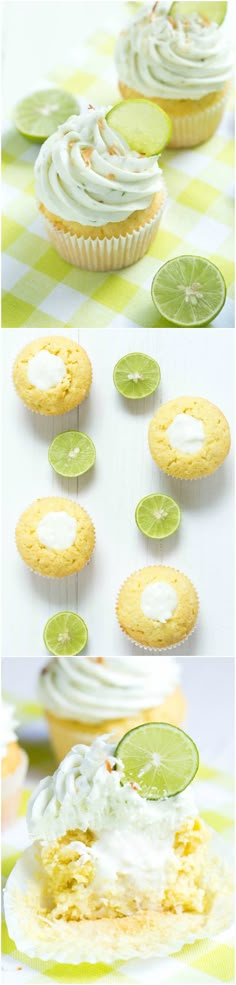 there are many cupcakes with lime slices on them