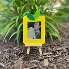 a small photo frame with a green leaf on it sitting in the dirt next to a plant