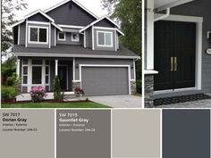 the front and side of a house with gray paint