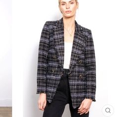 Black Base. Lined. Extra Buttons. Very High End Look! Slight Metallic Thread Running Through Central Park West, Luxury Wardrobe, Green Details, Women's Blazers, Tweed Fabric, Womens Blazers, Tweed Blazer, Metallic Thread, Colored Blazer