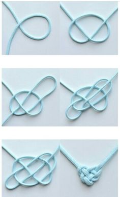 three pictures of different knots on a white surface, one is blue and the other is light blue