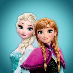 two frozen princesses standing next to each other with their arms around each other and looking at the camera