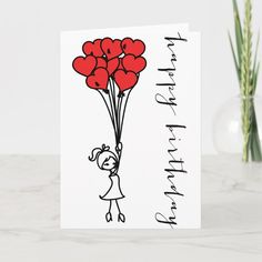 a greeting card with a drawing of a girl holding red balloons in the shape of hearts