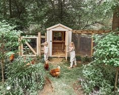 two little kids standing in front of a chicken coop with chickens inside and on the ground