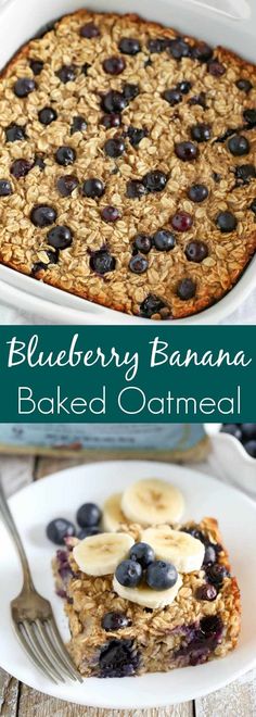 blueberry banana baked oatmeal on a white plate