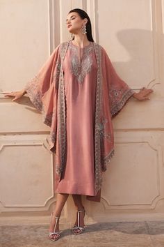 Peach cape featuring all over zardozi embroidered floral motifs highlighted by sequins. Comes with matching embroidered kaftan. - Aza Fashions Traditional Wear With Resham Embroidery And Cape Sleeves, Traditional Chikankari Embroidered Dupatta, Traditional Dupatta With Chikankari Embroidery And Cape Sleeves, Traditional Chikankari Embroidery Dupatta With Cape Sleeves, Festive Chikankari Embroidered Dupatta With Cape Sleeves, Festive Chikankari Embroidery Dupatta With Cape Sleeves, Festival Dupatta With Embroidery And Cape Sleeves, Embroidered Traditional Wear With Cape Sleeves For Festive, Festival Embroidered Dupatta With Cape Sleeves