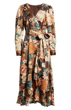 An autumnal floral pattern lends personality to a faux-wrap dress designed with graceful cascading ruffles. 49 1/2" length Hidden back zip with hook-and-eye closure Surplice V-neck Long sleeves Removable tie belt Lined 97% polyester, 3% spandex Dry clean Imported Cascading Ruffles, Wrap Midi Dress, Faux Wrap Dress, Tie Belt, Nordstrom Dresses, Ruffles, Designer Dresses, Floral Pattern, Wrap Dress