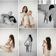 a woman holding a baby in her arms and posing for pictures with other people around her