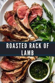 roasted rack of lamb on a white plate with parsley