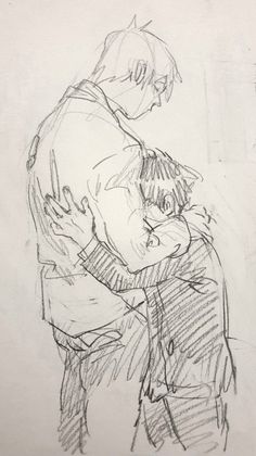 a black and white drawing of two people hugging each other