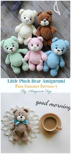 crocheted teddy bears are sitting next to a cup of coffee