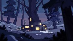 a house in the woods at night with snow on the ground and trees around it