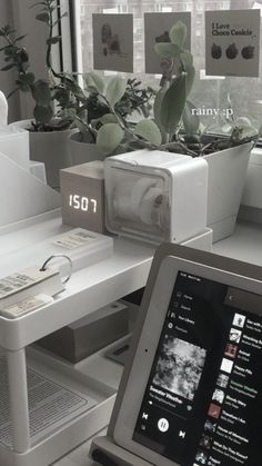 a laptop computer sitting on top of a desk next to a plant in a pot