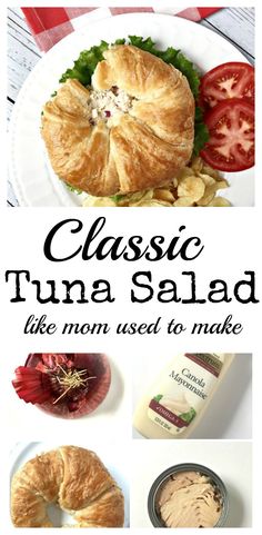 an advertisement for the classic tuna salad with tomatoes and lettuce on it is shown