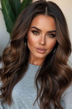 Hair Ideas Tan Skin, Sable Brown Hair Color, Dark Brown With Caramel Lowlights, Highlights For Olive Skin Tone Brunettes, Choc Brown Hair With Caramel Highlights, Chocolate Tone Hair, Warm Summer Brunette Hair, Summer Hair Color For Brown Skin Latina, Pretty Brunette Hair Color