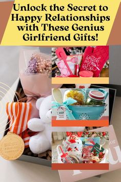 a box filled with lots of different items and the words, unlock the secret to happy relationshipss with these genius's girlfriend gifts