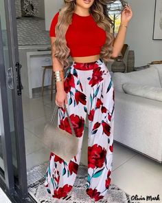 Color: red, Size: S Chic Red Floral Print Bottoms, Red Non-stretch Summer Pants, Casual Red Wide Leg Summer Pants, Casual Wide Leg Sets With Floral Print, Casual Red Floral Print Bottoms, Red Fitted Wide Leg Set, Casual Floral Print Wide Leg Set, Trendy Red Wide Leg Pants For Summer, Red Pants For Summer Day Out