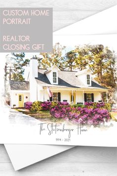 a white house with purple flowers on it and the words custom home portrait realtor closing gift