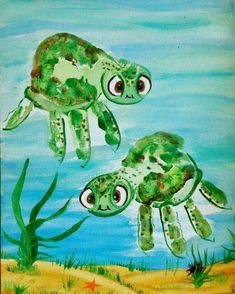 two green sea turtles swimming in the ocean with algaes on their backs and eyes