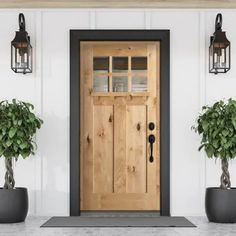 two potted plants sit in front of a wooden door with glass panels on the side