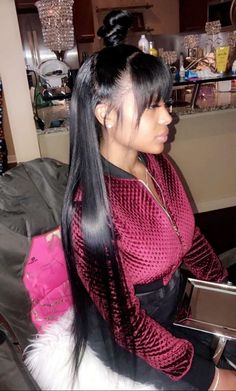 Pinterest: @ prettiiegorgeous ♥ Weave Ponytail Hairstyles, Brazilian Straight Hair, Frontal Hairstyles, Short Straight Hair, Long Black Hair, Baddie Hairstyles, Looks Chic, Half Up Half Down, Up Girl