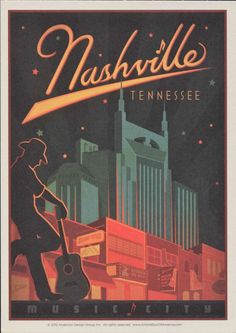 an advertisement for nashville tennessee featuring a man holding a guitar in front of a cityscape