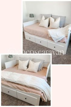 two pictures of a bed with drawers and pillows on it, one is made in white and the other has light pink