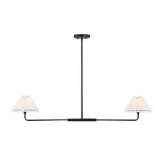 three light chandelier with white shades on the bottom and black metal frame, hanging from